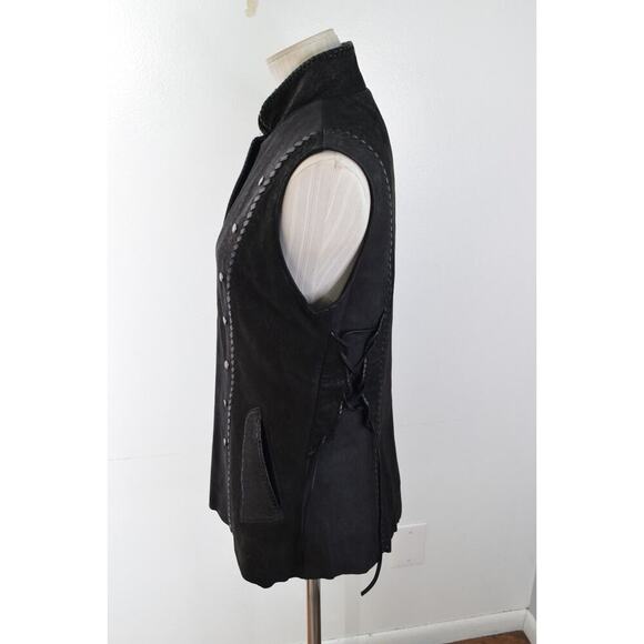 Tribe America Leather Vest Womens 6 Native Beaded Fringe Western Cowgirl Black - Picture 3 of 8